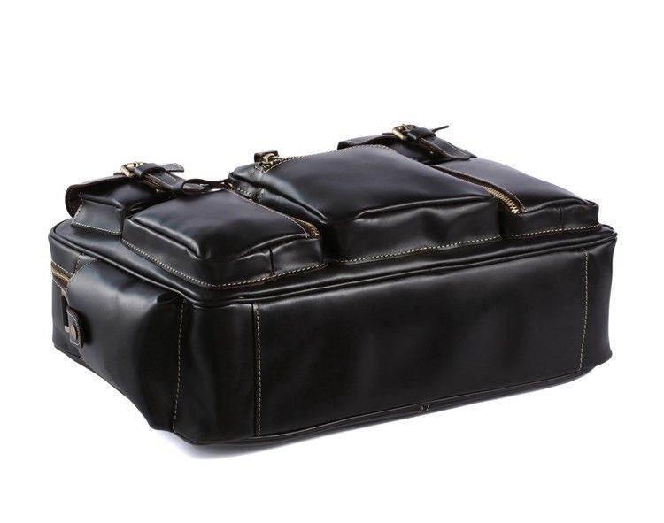Брутальна шкіряна сумка, безліч кишень, чорний глянець 7028A JD7028A фото